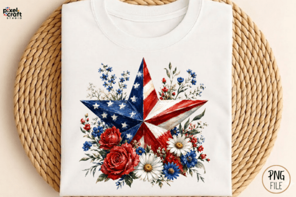 Patriotic Floral Star 4th of July PNG: Rustic Elegance for Your Summer Designs