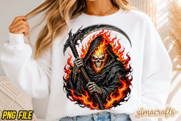 Unleash Bold Gothic Horror with Flaming Skull Grim Reaper Scythe PNG